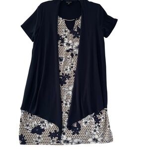 En Focus‎ Women Navy Blue Floral Dress with Cardigan Size 14W Tunic short Sleeve